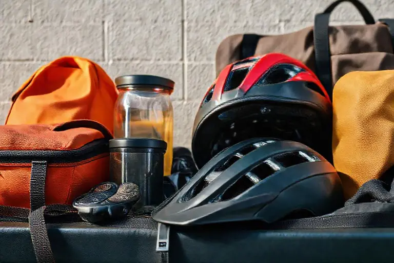 Kompakt zusammengefalteter Fahrradhelm liegt neben einem Arbeitsrucksack für den Pendleralltag