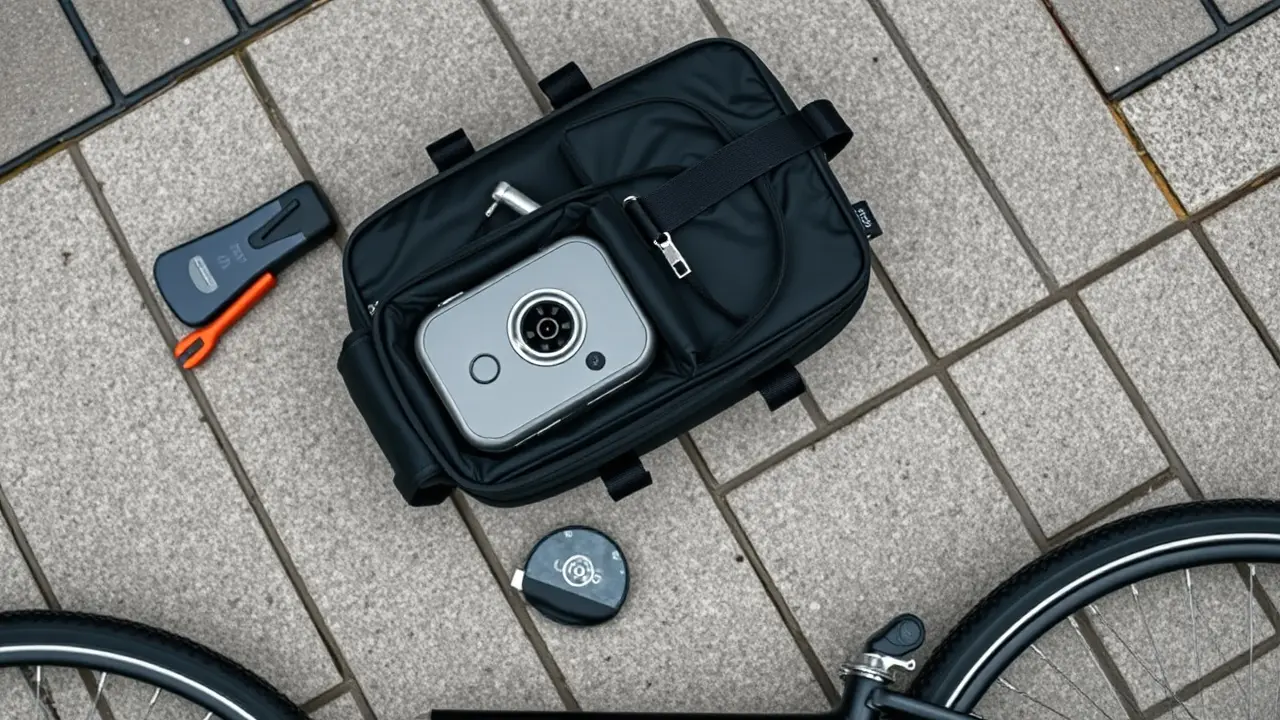 Pendler sichert eine schwarze Fahrradtasche am Gepäckträger eines abgestellten Faltrads gegen Diebstahl