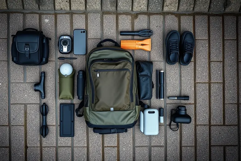 Schwarze Rucksack-Gepäckträgertasche an einem kompakten Pendlerfahrrad auf dem Weg zum Bahnhof