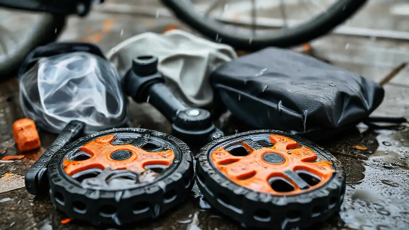 Nahaufnahme eines nassen Fahrradpedals im Herbstlaub, das für mehr Halt im Regen vorbereitet wird