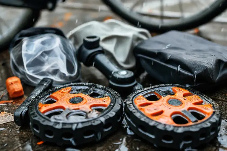 Nahaufnahme eines nassen Fahrradpedals im Herbstlaub, das für mehr Halt im Regen vorbereitet wird