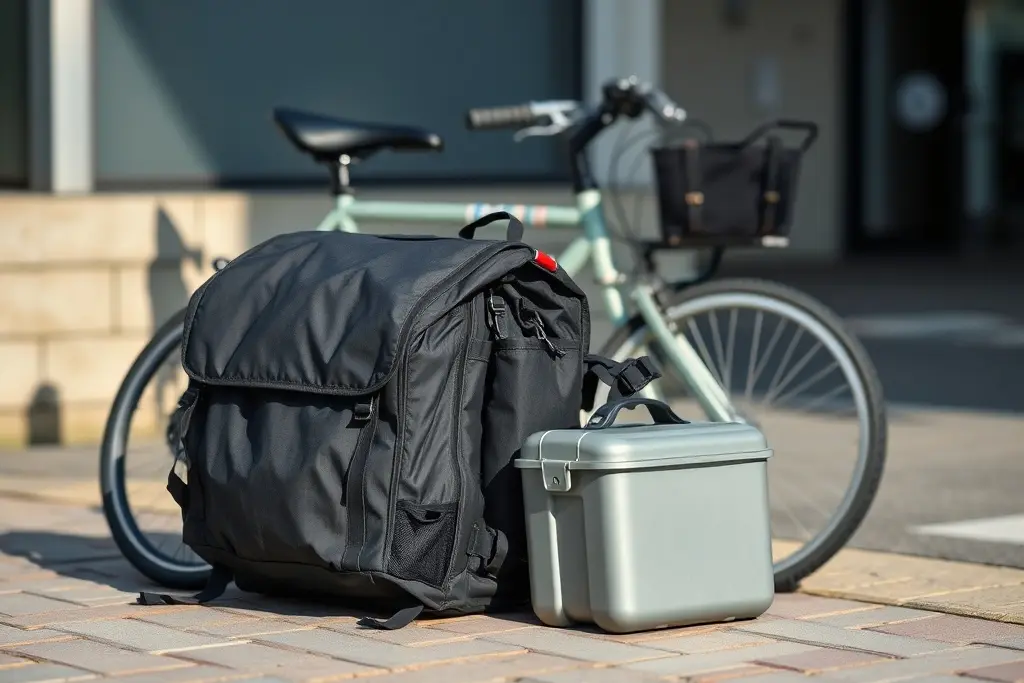 Zusammengeklapptes Faltrad mit montierter Fahrradtasche auf einem Bahnsteig für den täglichen Arbeitsweg