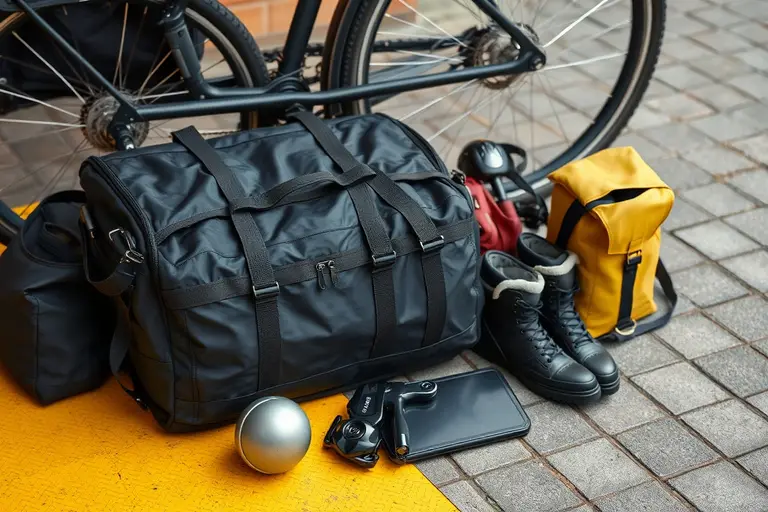 Gefaltetes Kompaktrad neben einer schwarzen Transporttasche und einem verstellbaren Tragegurt für den Pendleralltag