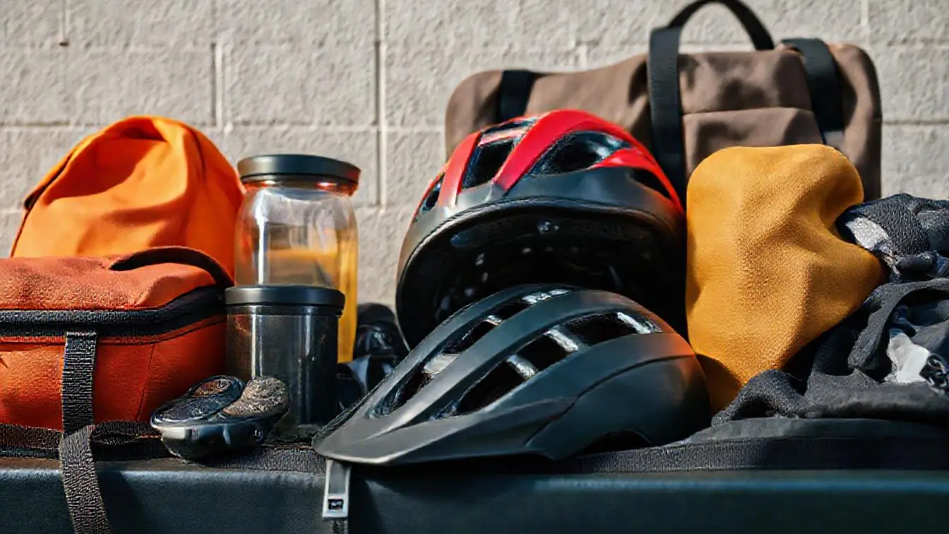 Kompakt zusammengefalteter Fahrradhelm liegt neben einem Arbeitsrucksack für den Pendleralltag