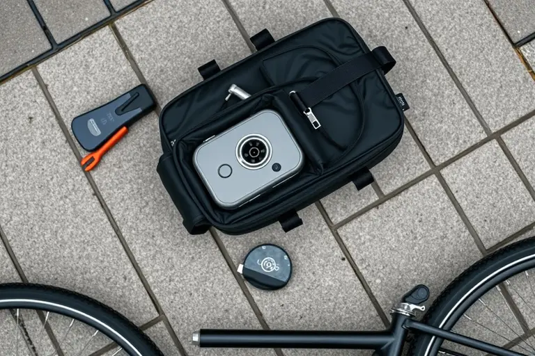 Pendler sichert eine schwarze Fahrradtasche am Gepäckträger eines abgestellten Faltrads gegen Diebstahl