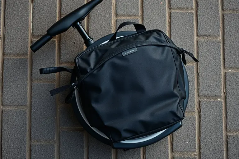 Kompaktes Faltrad mit montierter Gepäckträgertasche und Lenkertasche im Pendleralltag